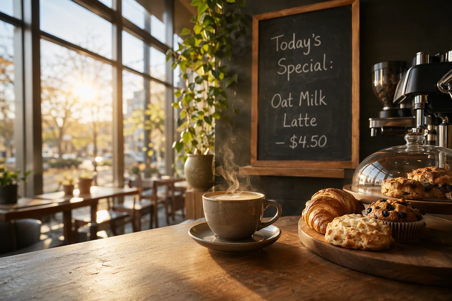 Layer 4: warmer light and a wisp of steam — the scene comes alive