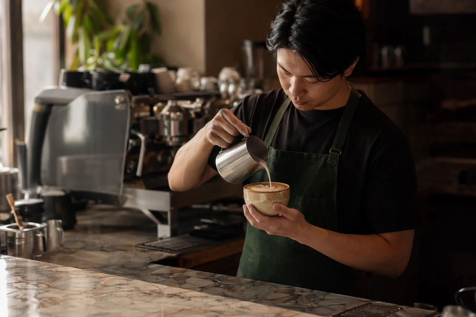 Six-element example output — barista pouring latte art behind marble counter, editorial style