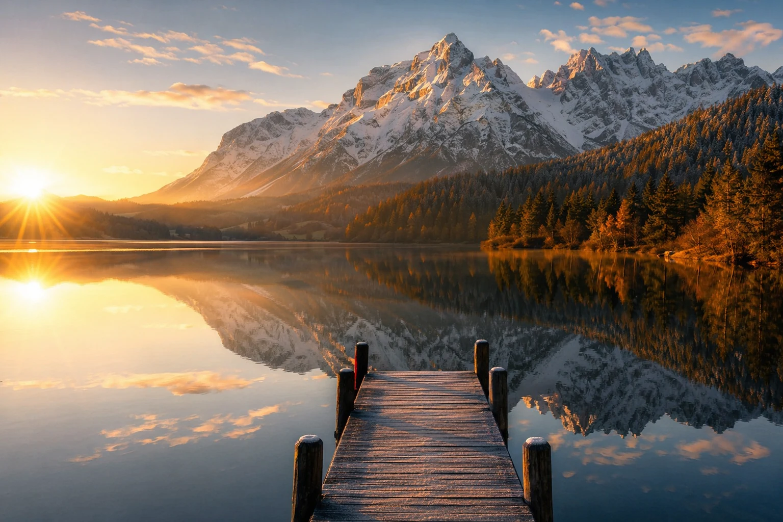 Generation 1: clean mountain lake at sunrise, balanced composition