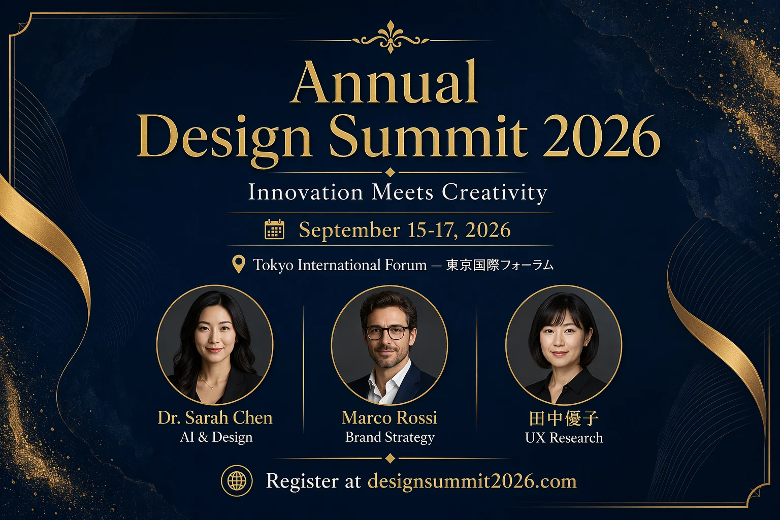 GPT-Image-2가 다국어 이벤트 초대 카드 시나리오에서 출력한 결과 — 제목, 날짜, 연사 명단, 도쿄 위치(일본어+영어)가 모두 또렷함