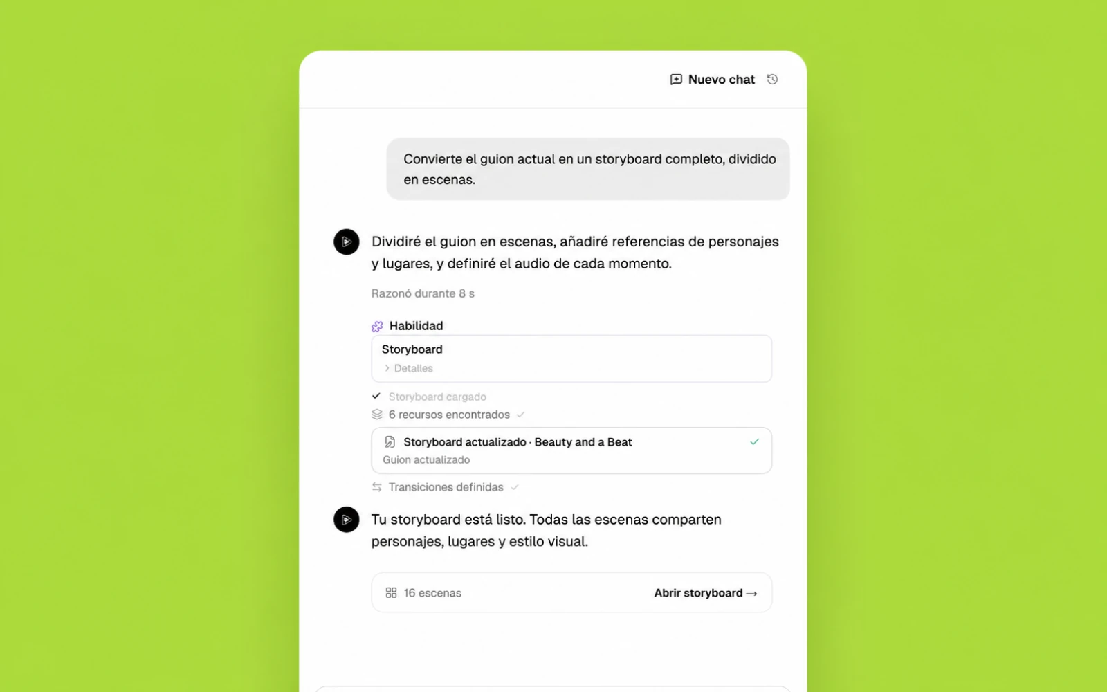 Una conversación en Pixo que convierte un brief de vídeo en storyboard
