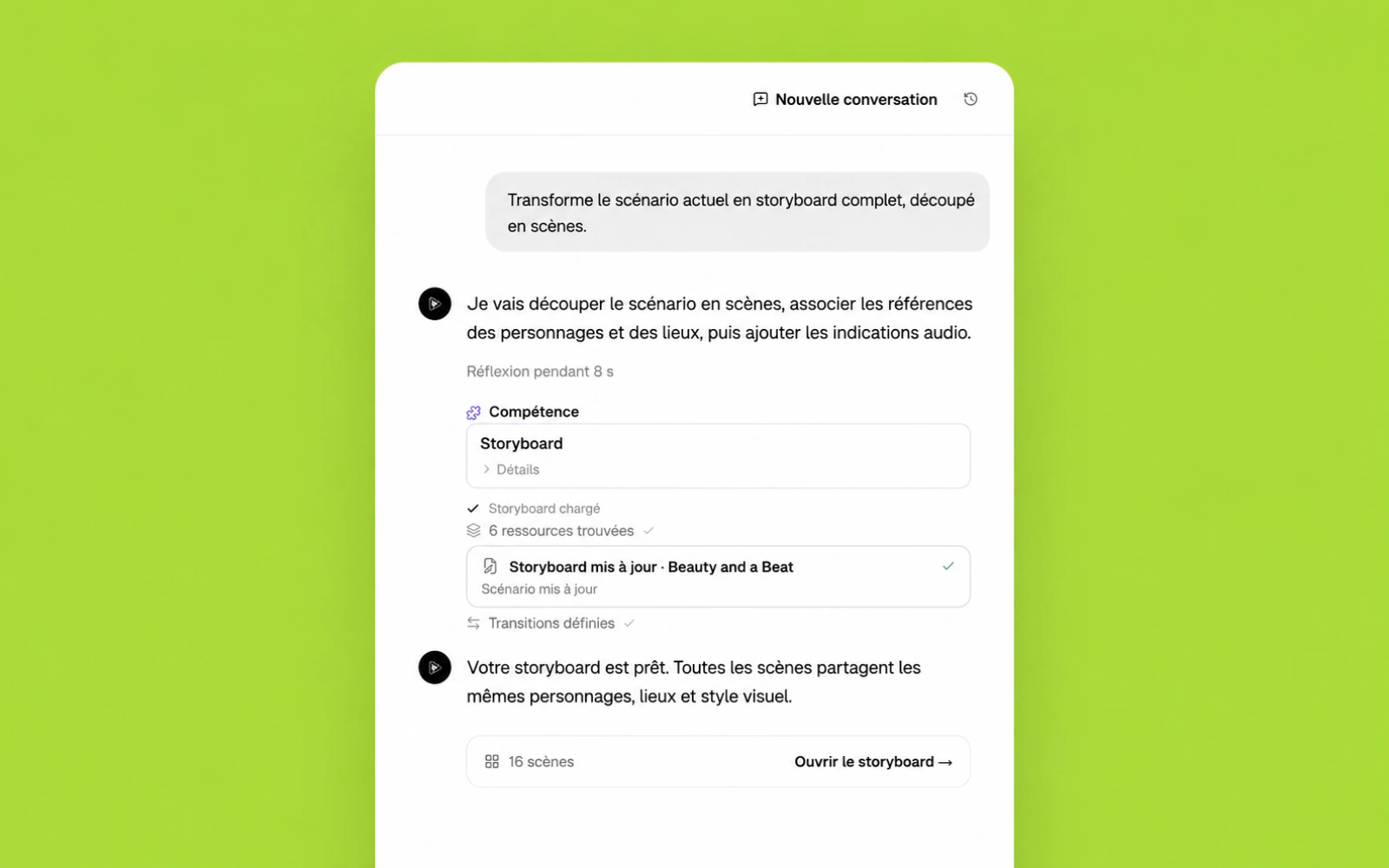 Une conversation Pixo transformant un brief vidéo en storyboard