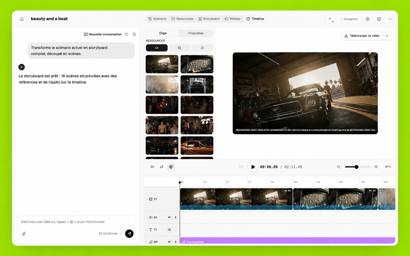 Un montage vidéo multipiste terminé sur la timeline Pixo