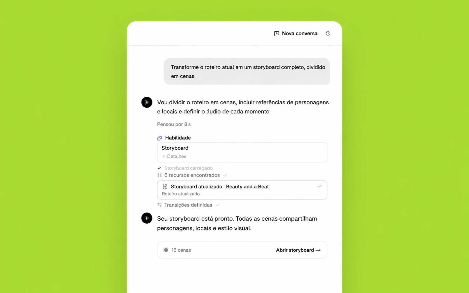 Uma conversa no Pixo transformando um briefing de vídeo em storyboard
