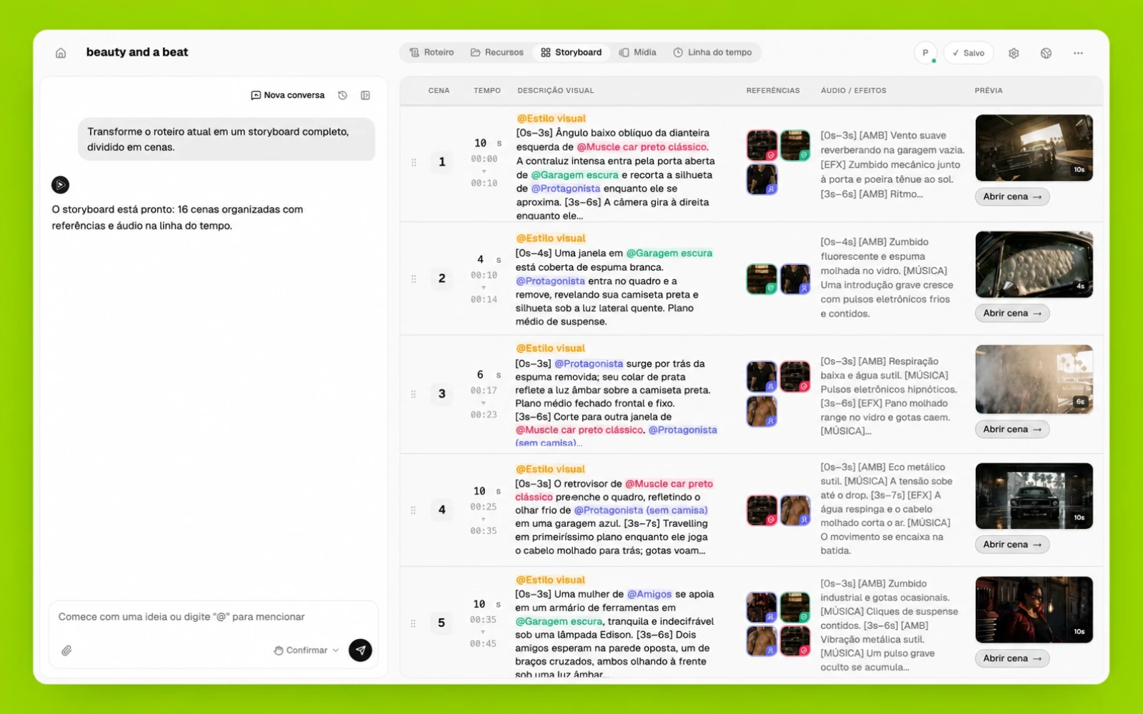 Storyboard plano a plano do Pixo com referências e prévias